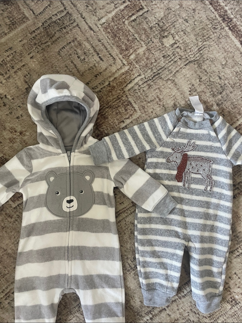 3 month 2 pack one-pieces Gray & White Striped and Bear & Moose footless